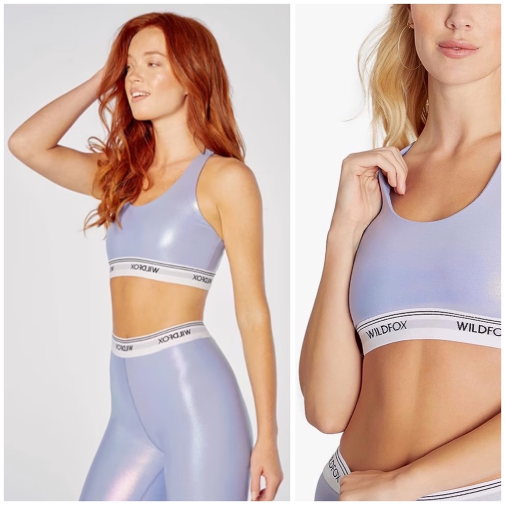 WILDFOX Ava Sports Bra & High Waist Bike Short Set, Iridescent Pale Iris sz. S